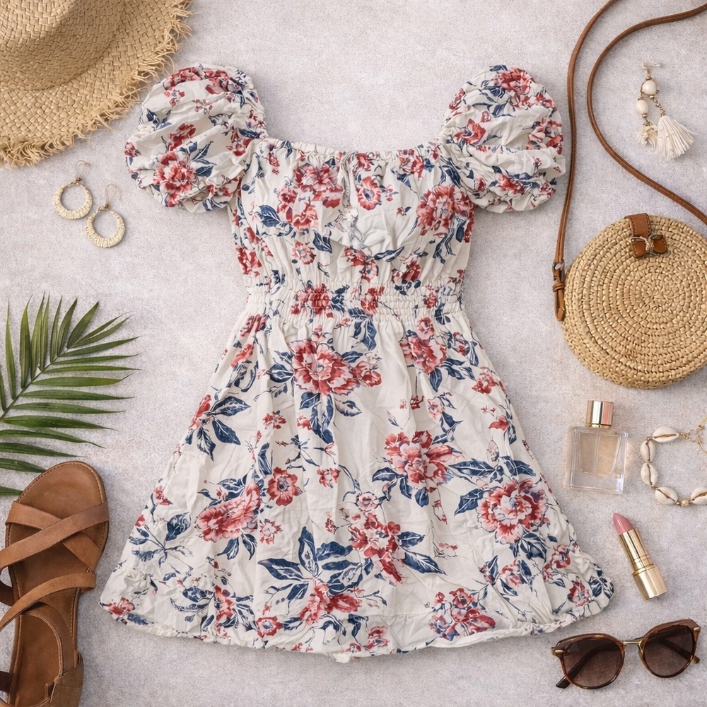 Lucky Brand Floral Off Shoulder Mini Dress Puff Sleeve Cottagecore Size L - Picture 3 of 12